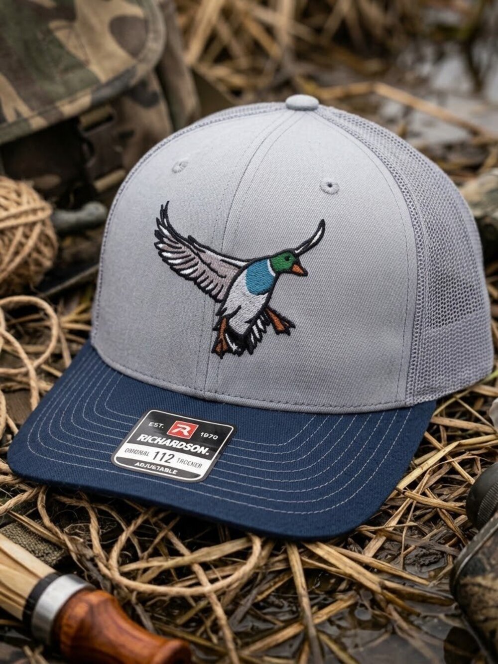 Retro Mallard Duck Hunting Hat Waterfowl Grey Navy Richardson 112 Snapback Cap U
